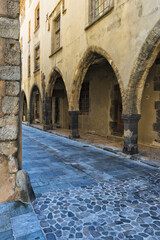 Street with arcades, Grimaud Medieval village, Var, Provence region, France