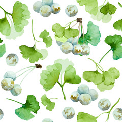 Seamless pattern of green ginkgo biloba branches. Leaves and berries on white background. Hand drawn watercolor.