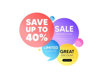 Discount offer bubble banner. Save up to 40 percent. Discount Sale offer price sign. Special offer symbol. Promo coupon banner. Discount round tag. Quote shape element. Vector
