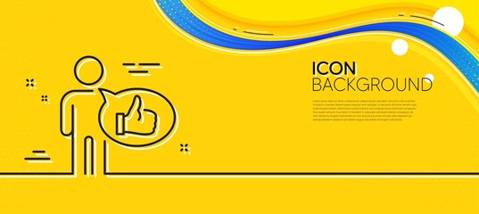 Obraz na płótnie Canvas Like line icon. Abstract yellow background. Thumbs up sign. Positive feedback, social media symbol. Minimal like line icon. Wave banner concept. Vector