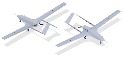 Isometric Unmanned combat aerial vehicle. Medium-altitude long-endurance MALE unmanned combat aerial vehicle UCAV capable of remotely controlled or autonomous flight operations.