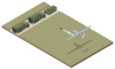 Isometric Unmanned combat aerial vehicle. Medium-altitude long-endurance MALE unmanned combat aerial vehicle UCAV capable of remotely controlled or autonomous flight operations.