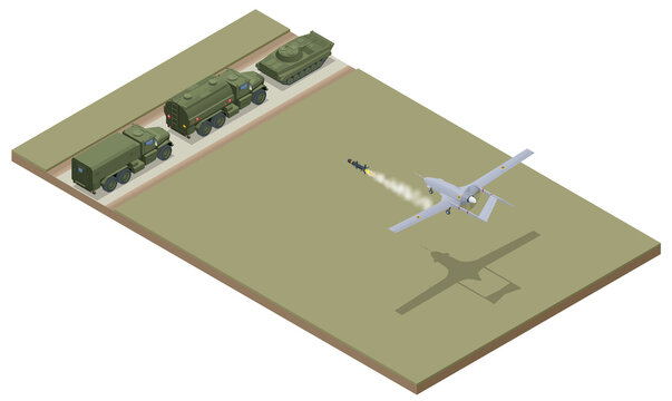 Isometric Unmanned combat aerial vehicle. Medium-altitude long-endurance MALE unmanned combat aerial vehicle UCAV capable of remotely controlled or autonomous flight operations.