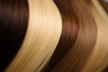 Selective focus ,hair extension equipment of natural hair. hair samples of different...