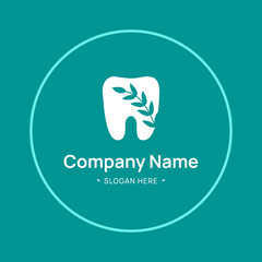 Dental or dentist symbol. Logo with a white tooth and a branch in a circle on a blue-green background. Sign for a medical company in flat style on an isolated background