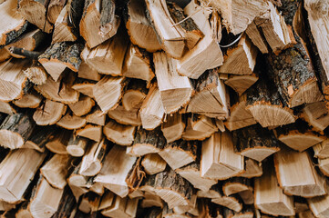 Logs chopped with an ax, dry acacia firewood, spruce for heating lie in a row close-up.