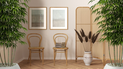 Zen interior with potted bamboo plant, natural interior design concept, contemporary waiting room with rattan furniture, chairs and decors, modern white minimalist architecture