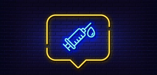 Neon light speech bubble. Medical syringe line icon. Medicine vaccine sign. Pharmacy medication symbol. Neon light background. Medical syringe glow line. Brick wall banner. Vector