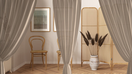 White openings curtains overlay wooden waiting room, interior design background, front view, clipping path, vertical folds, soft tulle textile texture, stage concept with copy space