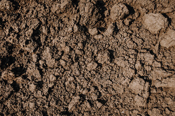 Background, texture of dug up brown earth, soil.