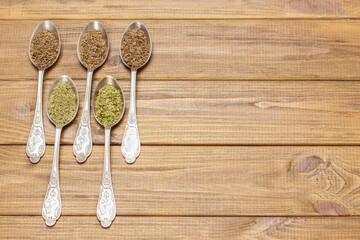 Fototapeta na wymiar Set of dry spices in metal spoons. Copy space.