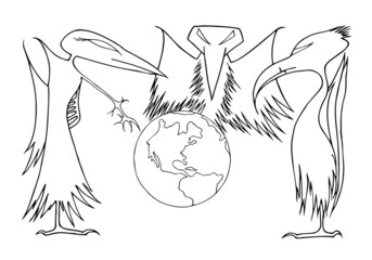 Three large, black, monster-like birds stand around our planet earth, one of the birds points to our planet earth with its claw. The concept of evil. Psychedelic hallucinations. Freehand drawing.