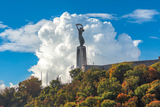 Liberty statue on Gellert mountain in autumn, Budapest, Hungary