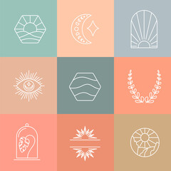 Minimal line logos collection. Sunset landscape and waves. Floral frame and moon phases. Boho signs. Vector illustration