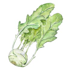 Botanical illustration, ripe kohlrabi cabbage with green leaves, watercolor painting