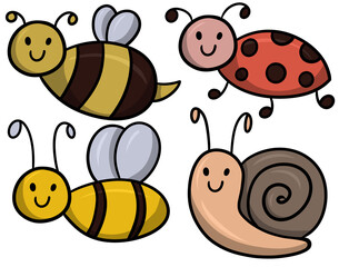 Collection of cute beautiful insects in summer and spring, cartoon insects with cute smiles
