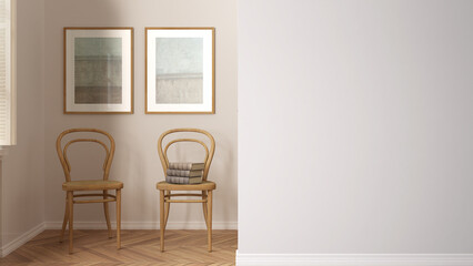 Modern wooden waiting room with rattan chairs on a foreground wall, interior design architecture idea, concept with copy space, blank background, template, mock up