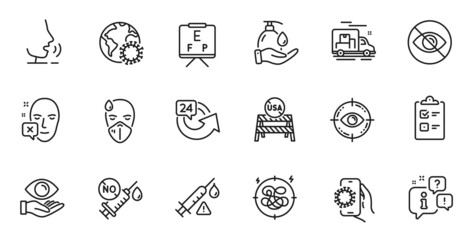 Outline set of Coronavirus, Vaccine attention and Usa close borders line icons for web application. Talk, information, delivery truck outline icon. Vector