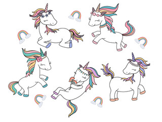 Obraz premium Cute unicorn vector set with white background, doodle style for digital paper, baby, kindergarten, fabric pattern, wrapping paper, baby clothes pattern, pillow, sticker, T-shirt patterns etc.
