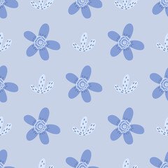 Flowers and leaf seamless pattern. Scandinavian style background. Vector illustration for fabric design, gift paper, baby clothes, textiles, cards.