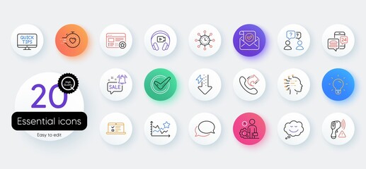 Simple set of Light bulb, Favorite and Inspect line icons. Include Headphones, Electronic thermometer, Share call icons. World time, Confirmed mail, Energy drops web elements. Vector