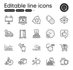 Set of Business outline icons. Contains icons as Like, Delegate work and Augmented reality elements. Shopping cart, Smile, Search web signs. Capsule pill, Recycle, Market sale elements. Vector