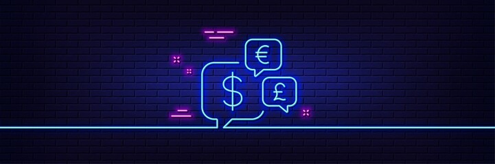 Neon light glow effect. Money currency line icon. Cash exchange sign. Stock trade symbol. 3d line neon glow icon. Brick wall banner. Money currency outline. Vector