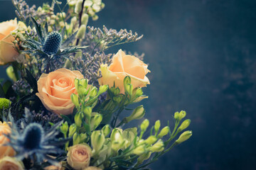 Peach and Blue Roses andThistles with Copy Space Background