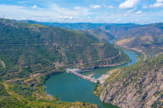 Aerial view of Valeira water power plant at Douro valley, portugal