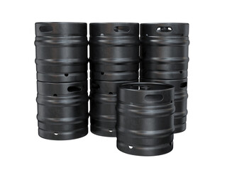 A stack of small beer kegs in black on a white background, 3d render