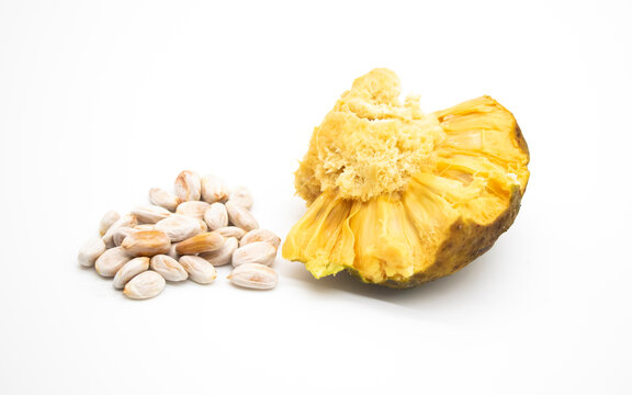 selective focus, Artocarpus lacucha fruit or monkey fruit, or Monkey Jack or Barhar with seed isolate on white