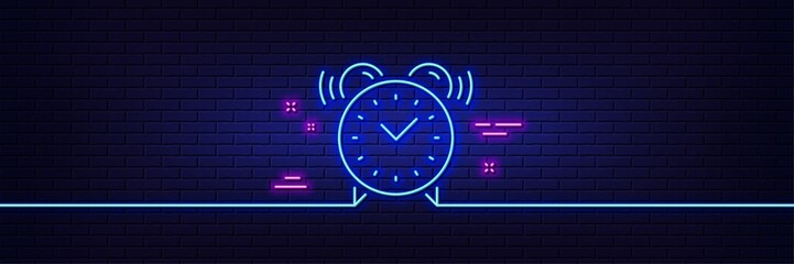 Neon light glow effect. Alarm clock line icon. Time or watch sign. 3d line neon glow icon. Brick wall banner. Alarm clock outline. Vector