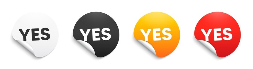 Yes text tag. Round sticker badge with offer. Approved ok message. Done or Good deal symbol. Paper label banner. Yes adhesive tag. Vector