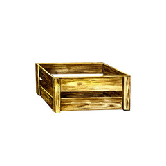 Wooden box for storing fruits and vegetables. empty garden crate or fruit box watercolor illustration isolated on white.