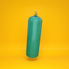 Turquoise gas cylinder floating on a yellow background, 3d render