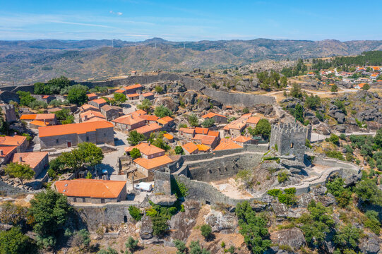 Aerial view of castle in Portuguese town Sortelha
