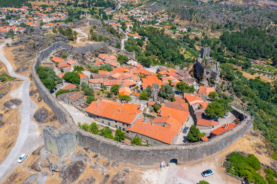 Aerial view of castle in Portuguese town Sortelha