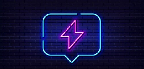 Neon light speech bubble. Energy line icon. Thunderbolt sign. Electric power symbol. Neon light background. Energy glow line. Brick wall banner. Vector