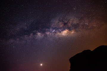 Milky way, amazing night sky and many stars on dark background. the universe is full of stars with noise and grain Photo taken with long exposure and white balance selected.