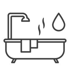 Warm bath icon with towel. A simple line drawing of a tub with two towels on the edge. Vector over white background.
