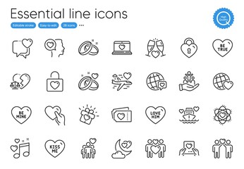 Friends couple, Be mine and Inclusion line icons. Collection of Friendship, Love him, Honeymoon cruise icons. Atom, Wedding locker, Kiss me web elements. Hold heart, Honeymoon travel, Web love. Vector