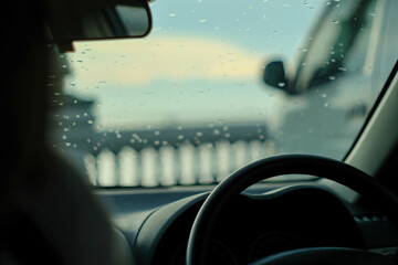 Driving from the driver's perspective in rainy weather