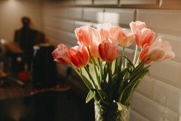Bouquet of white and pink tulips. - obrazy, fototapety, plakaty