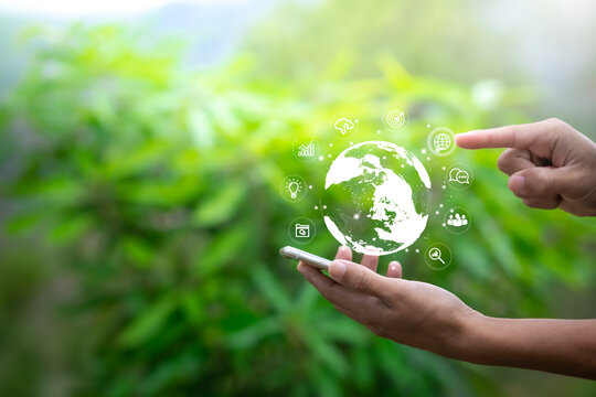Ecology and environment sustainable concept. Hand of man holding mobile and using application to connect to the world network on nature background.