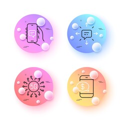 Sms, Phone payment and Chat app minimal line icons. 3d spheres or balls buttons. 5g technology icons. For web, application, printing. Conversation, Mobile pay, Smartphone message. Vector