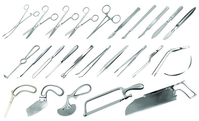 Surgical instruments set. Tweezers, scalpels, plaster and bone saws, brain, amputation and plaster knives, forceps and clamps, hook, needle. Large collection of hand metal tools. Vector illustration