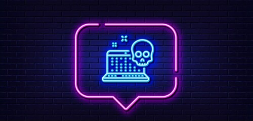 Neon light speech bubble. Cyber attack line icon. Ransomware threat sign. Computer phishing virus symbol. Neon light background. Cyber attack glow line. Brick wall banner. Vector - obrazy, fototapety, plakaty