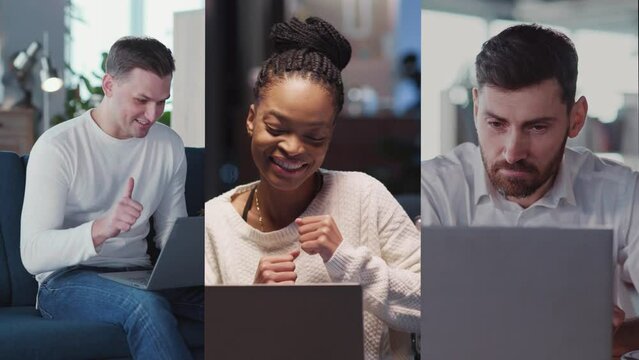 Multi-screen video of young contemporary people doing freelance job on computer laptop working from home social distancing, Online communication.