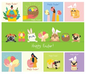 Happy Easter, Cheerful People Celebrating Holiday Set, Men, Women and Kids with Decorated Easter Eggs Cartoon Style