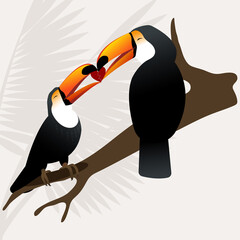 A vector illustration of two toco toucan birds in love who are joining heart pieces. Colourful gradient toucan on a light background © Natasha